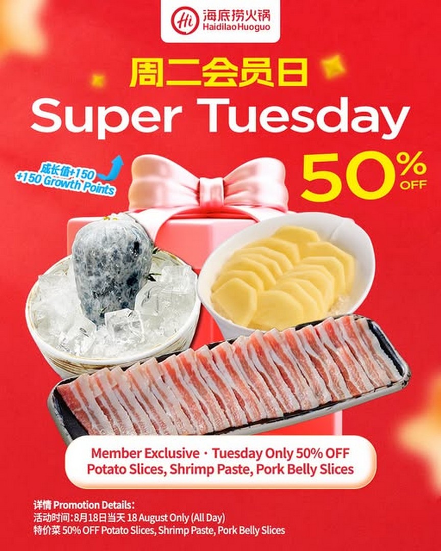 Haidilao-Malaysia-Super-Tuesday-50-OFF-Promotion 18 August 2026: Haidilao Malaysia: Super Tuesday 50% OFF Promotion on Selected Hotpot Favourites for Members