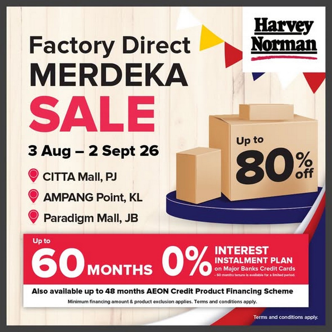 Harvey-Norman-Malaysia-Factory-Direct-Merdeka-Sale 3 August–2 September 2026: Harvey Norman Malaysia Factory Direct Merdeka Sale – Save Up to 80% on Home Appliances, Furniture and Electronics Promotion at Citta Mall, Ampang Point & Paradigm Mall JB