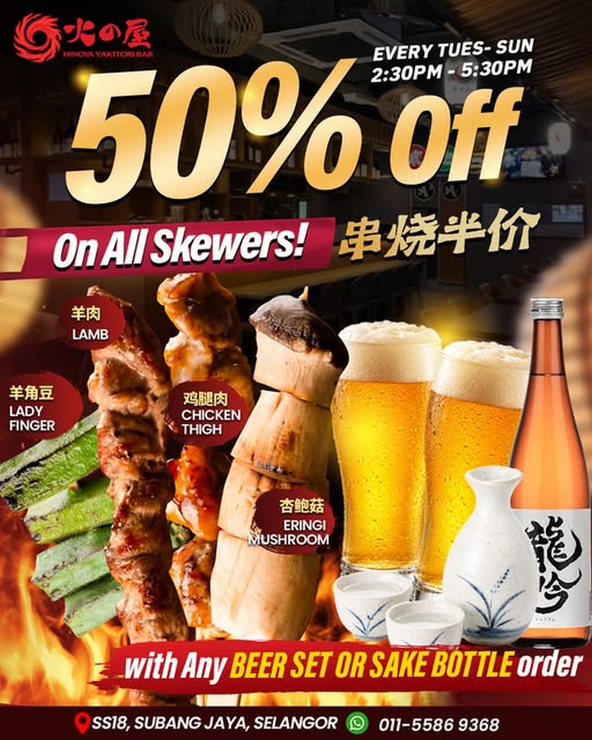 Hinoya-Yakitori-Bar-50-OFF-All-Yakitori-Skewers-1 11 August 2026 onwards: Hinoya Yakitori Bar: 50% OFF All Yakitori Skewers with Beer Set or Sake Bottle Purchase: Japanese Food Promotion in Subang Jaya