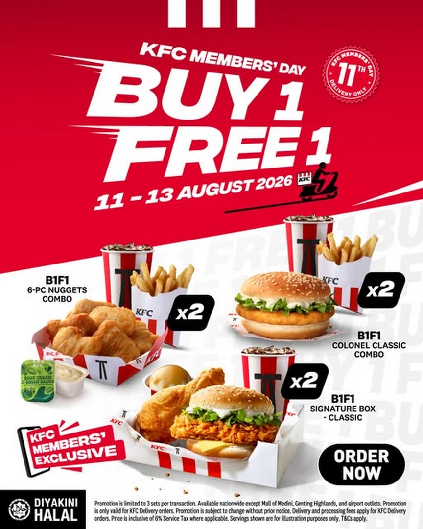 KFC-Malaysia-Buy-1-Get-1-Free-Signature-Box-Colonel-Classic-Combo 11-13 August 2026: KFC Malaysia: Buy 1 Get 1 Free Signature Box, Colonel Classic Combo & 6pc Nuggets Members-Only Delivery Promotion