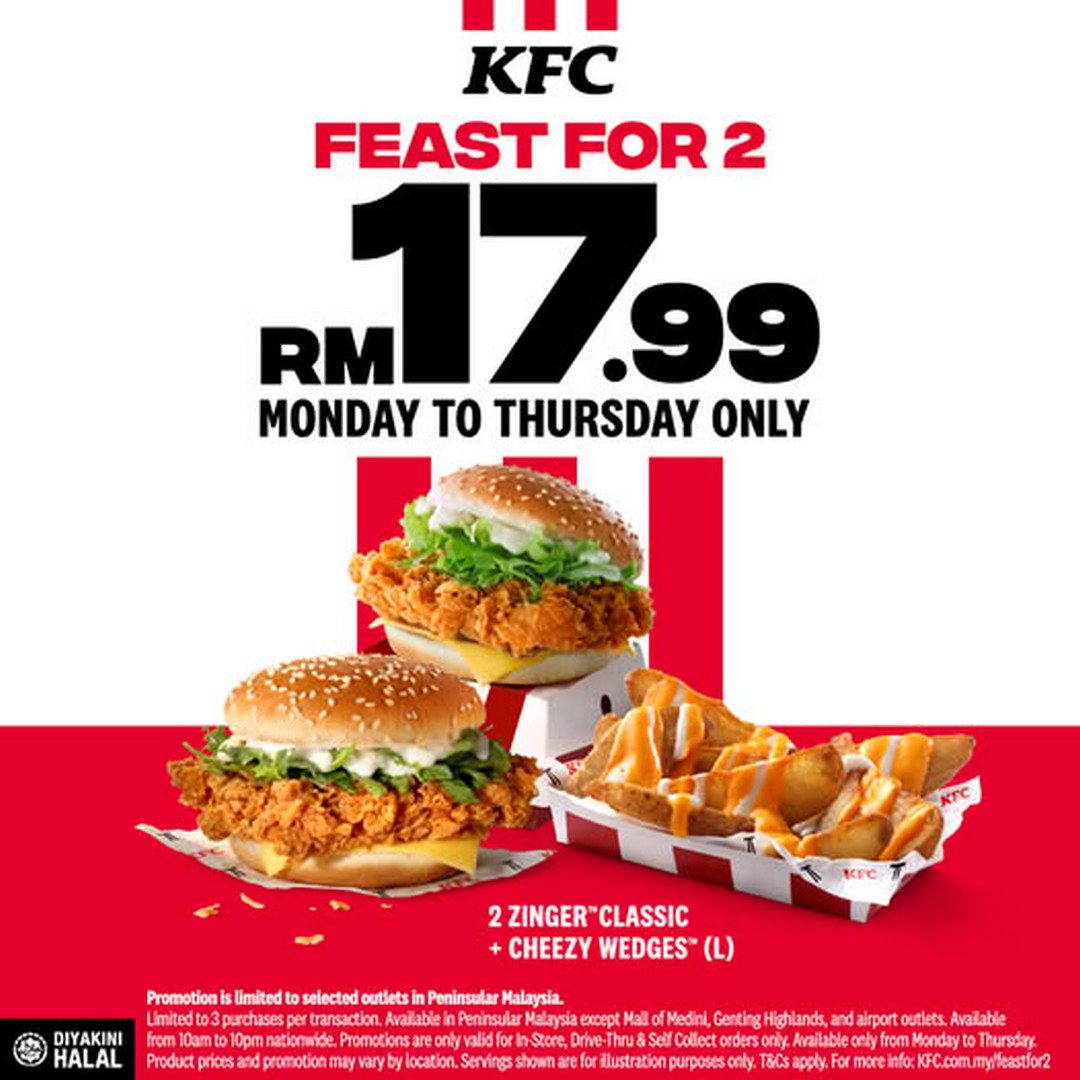 KFC-Malaysia-RM17.99-Feast-for-Two-with-2-Zinger-Classic-Burgers 20 August 2026 onwards: KFC Malaysia: RM17.99 Feast for Two with 2 Zinger Classic Burgers and Cheezy Wedges Promotion