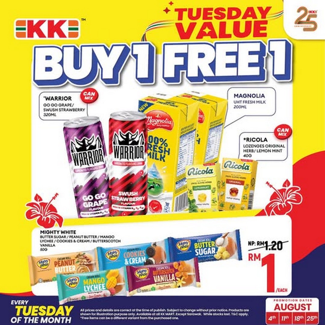 KK-SUPER-MART-Buy-1-Free-1-Sale 3 August 2026 onwards: KK SUPER MART Buy 1 Free 1 Sale Promotion with RM1 Mighty White Cream Roll Tuesday Value Deals