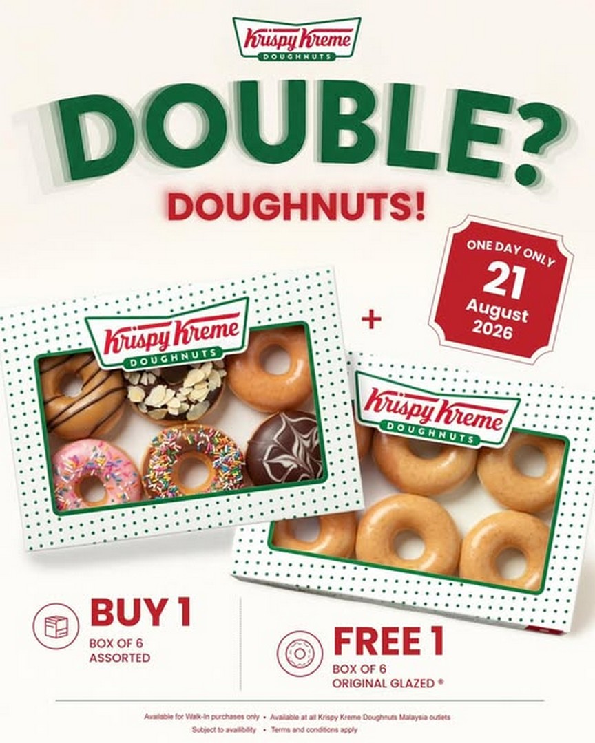 Krispy-Kreme-Malaysia-Buy-1-Box-of-6-Assorted-Doughnuts 21 August 2026: Krispy Kreme Malaysia: Buy 1 Box of 6 Assorted Doughnuts, Get 1 Box of 6 Original Glazed Free Promotion