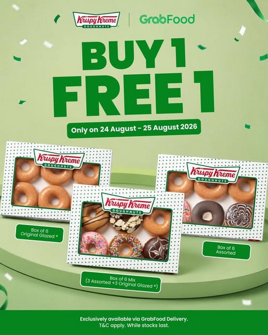 Krispy-Kreme-Malaysia-Buy-1-Free-1-Delivery-Promotion-via-GrabFood 24-25 August 2026: Krispy Kreme Malaysia Buy 1 Free 1 Delivery Promotion via GrabFood