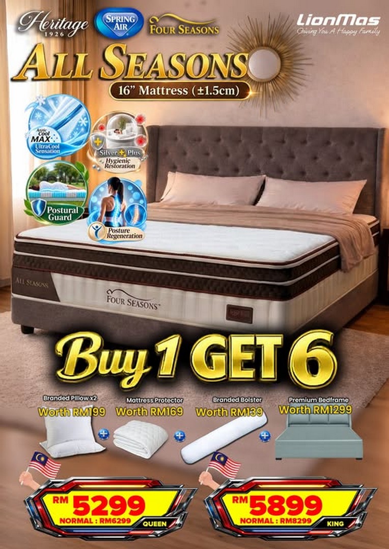 Lionmas-Furnishers-HQ-Buy-1-Get-6-Merdeka-Mattress-Promotion 17 August 2026 onwards: Lionmas Furnishers HQ: Buy 1, Get 6 Merdeka Mattress Promotion with Four Seasons All Seasons 16” Mattress from RM5,299