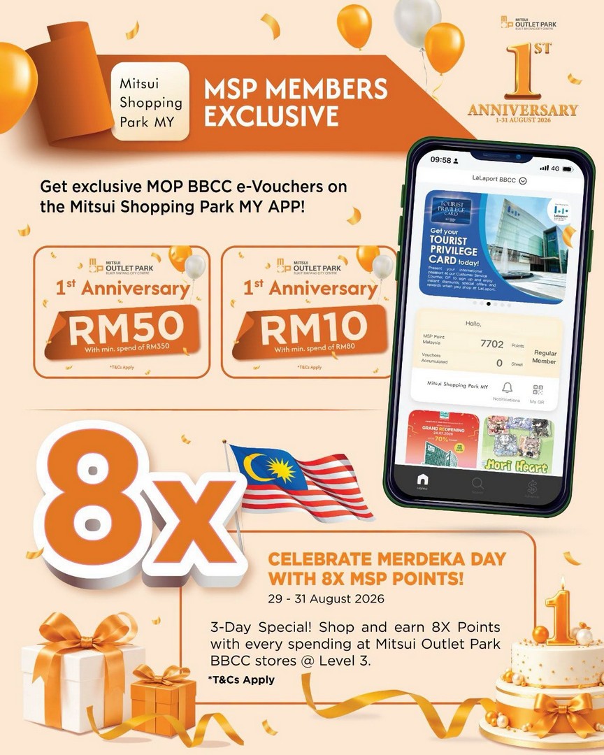 Mitsui-Outlet-Park-BBCC-1st-Anniversary-Celebration-with-RM60000-Lucky-Draw-6 1-31 August 2026: Mitsui Outlet Park BBCC: 1st Anniversary Celebration with RM60,000 Lucky Draw, Spend & Redeem Rewards and Exclusive Deals