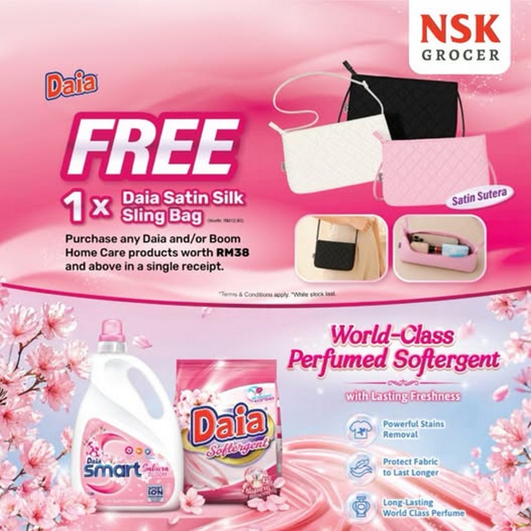 NSK-Grocer-Get-a-FREE-Daia-Satin-Silk-Sling-Bag-When 1 August-30 September 2026: NSK Grocer: Get a FREE Daia Satin Silk Sling Bag When You Spend RM38 on Daia and/or BOOM Products