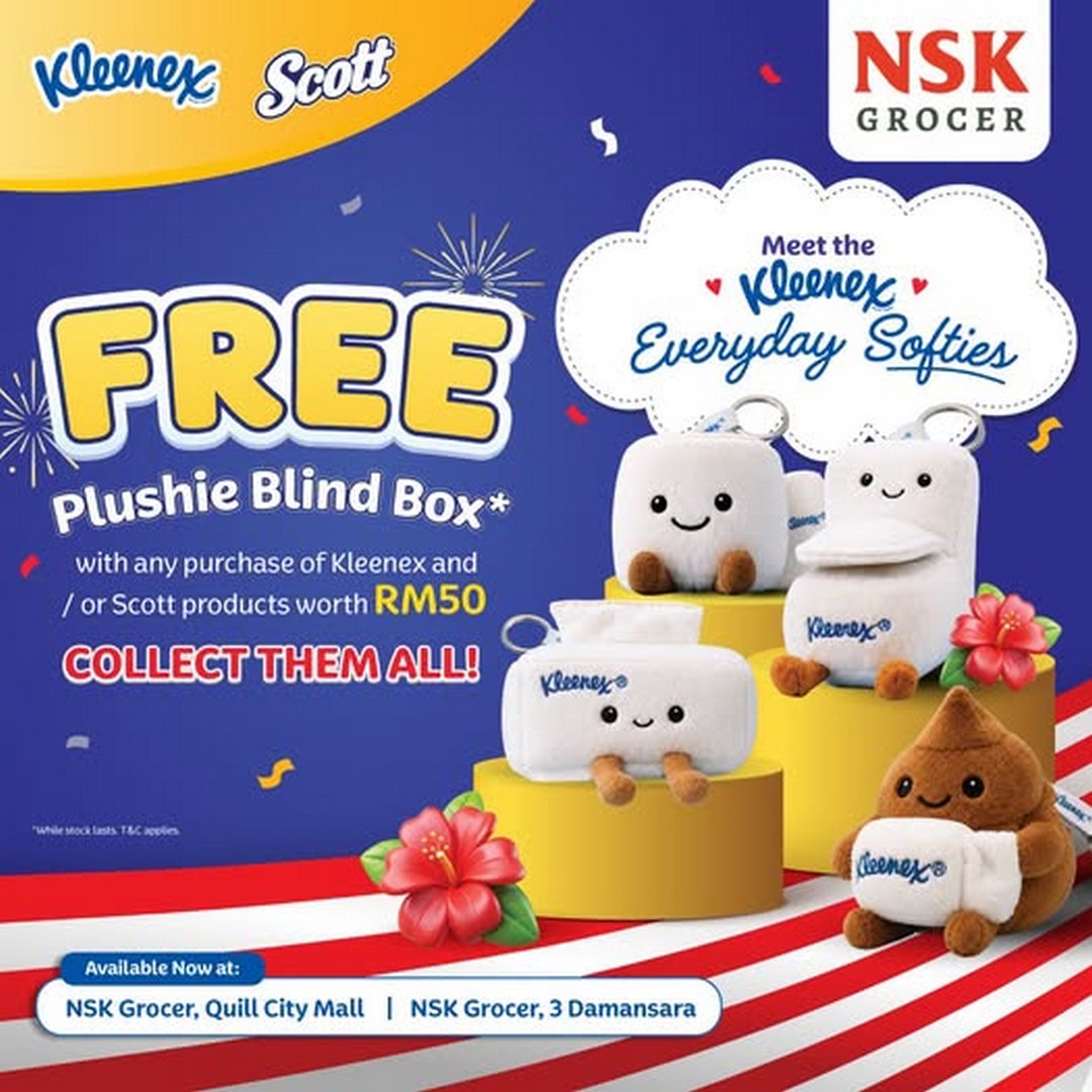 NSK-Grocer-Kleenex-Scott-FREE-Plushie-Blind-Box-Promotion 5 August 2026 onwards: NSK Grocer Kleenex & Scott FREE Plushie Blind Box Promotion – Spend RM50 and Collect Your New Favourite Everyday Softie