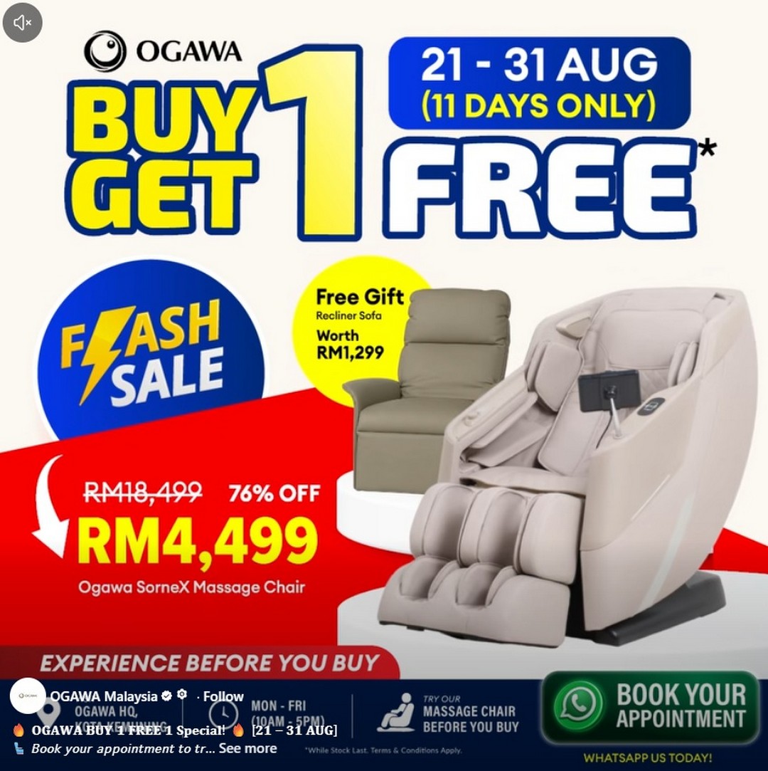 OGAWA-Malaysia-Buy-1-Free-1-Massage-Chair-Promotion 21-31 August 2026: OGAWA Malaysia: Buy 1 Free 1 Massage Chair Promotion with Free Recliner Sofa at Kota Kemuning