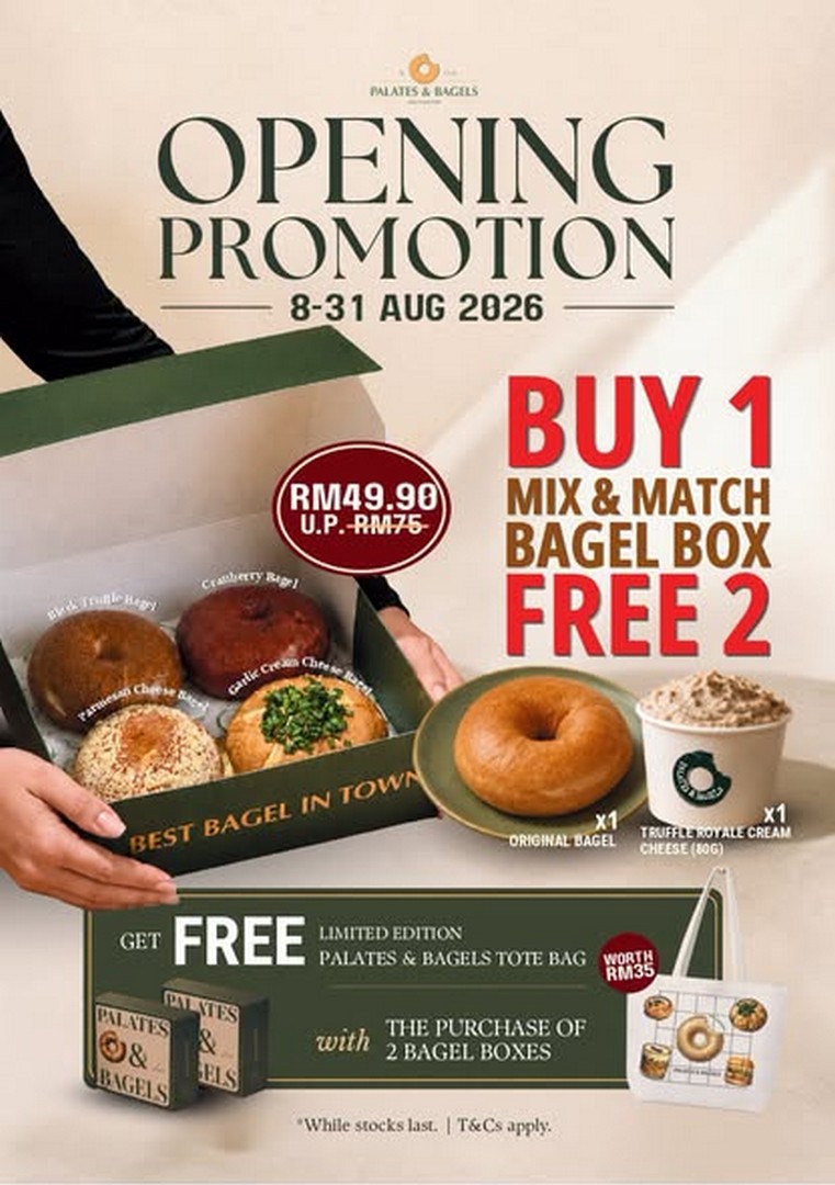 Palates-Bagels-Sale-Promotion-with-Buy-1-Mix-Match-Bagel-Box 8-31 August 2026: Palates & Bagels: Sale Promotion with Buy 1 Mix & Match Bagel Box, Get 2 for RM49.90 and Free Limited Edition Tote Bag at Berjaya Times Square Kuala Lumpur