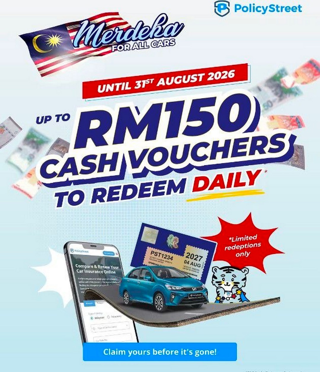 PolicyStreet-Malaysia-Merdeka-For-All-Cars-Promotion 28-31 August 2026: PolicyStreet Malaysia: Merdeka For All Cars Promotion With Eligible Cash Vouchers & Car Insurance Savings