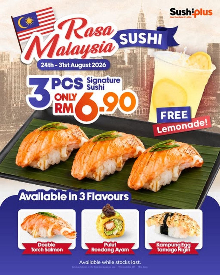 Sushi-Plus-Merdeka-RM6.90-Signature-Sushi 24-31 August 2026: Sushi Plus: Merdeka RM6.90 Signature Sushi with FREE Lemonade Promotion