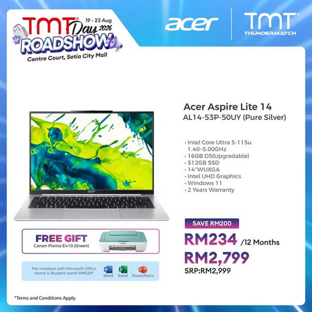 TMT-Malaysia-Acer-Laptop-Deals-Up-to-RM700-Off-at-TMT-Day-2 19-23 August 2026: TMT Malaysia: Acer Laptop Deals Up to RM700 Off at TMT Day Roadshow 2026 – Sale Promotion at Setia City Mall