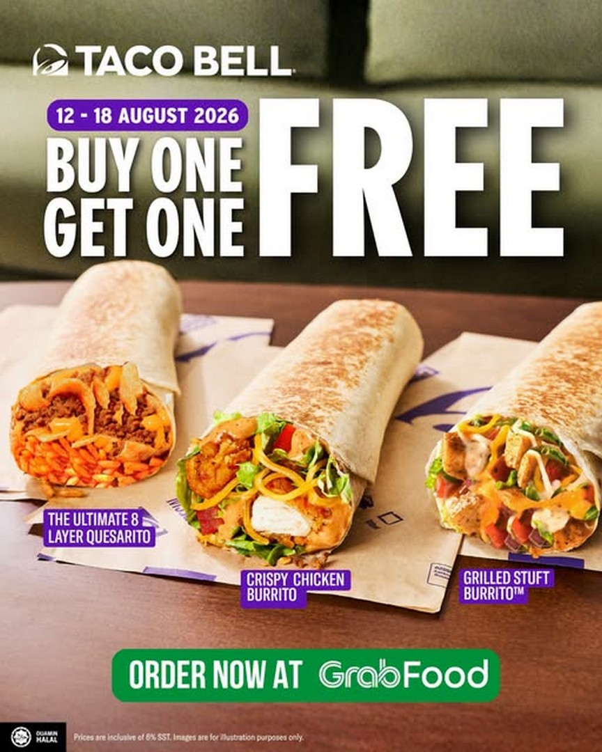 Taco-Bell-Malaysia-Buy-1-Get-1-Free-Selected-Burritos-Delivery 12-18 August 2026: Taco Bell Malaysia: Buy 1 Get 1 Free Selected Burritos Delivery Promotion via GrabFood