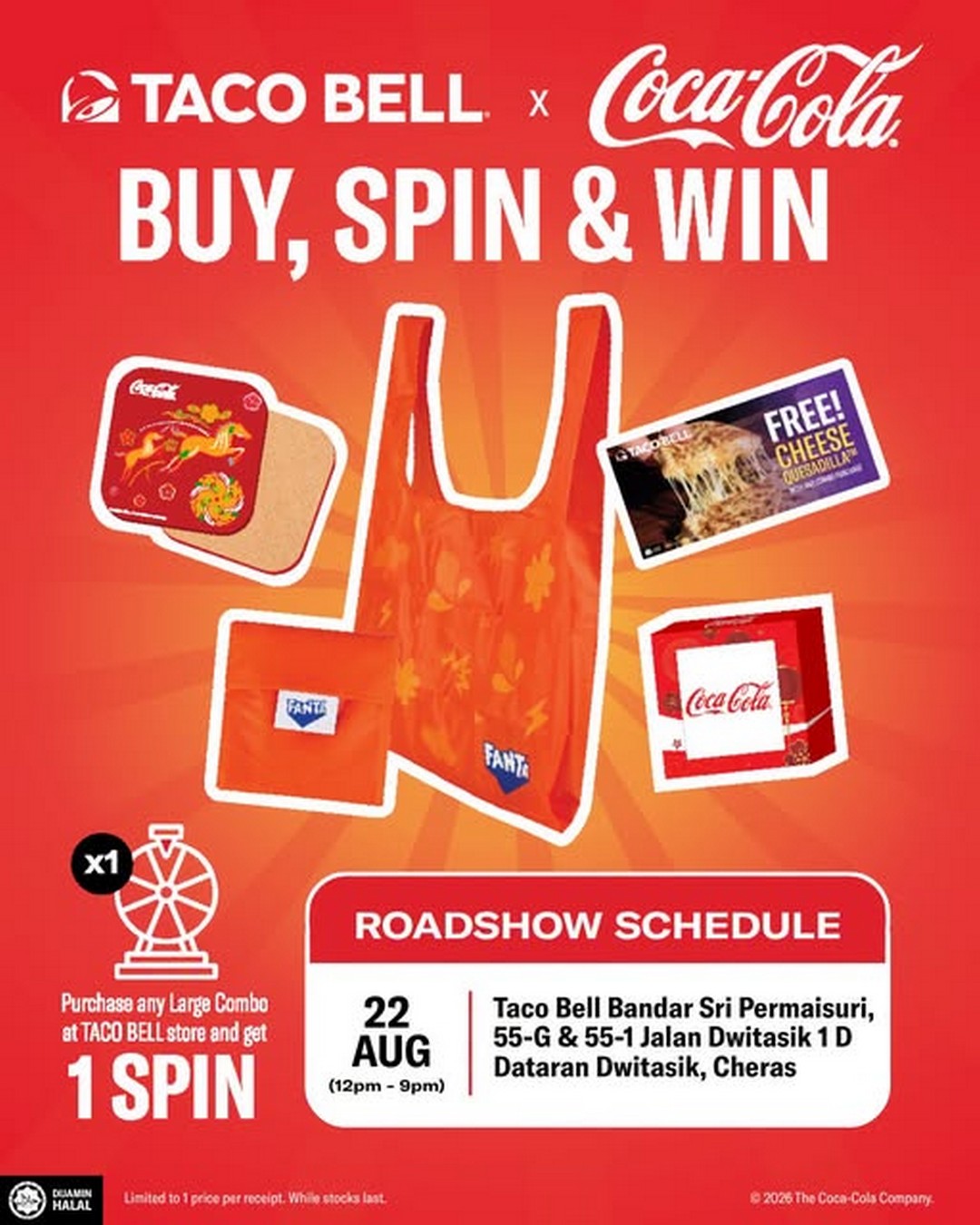 Taco-Bell-Malaysia-Taco-Bell-x-Coca-Cola-Roadshow-Promotion 22 August 2026: Taco Bell Malaysia: Taco Bell x Coca-Cola Roadshow Promotion with Spin-the-Wheel Prizes at Bandar Sri Permaisuri