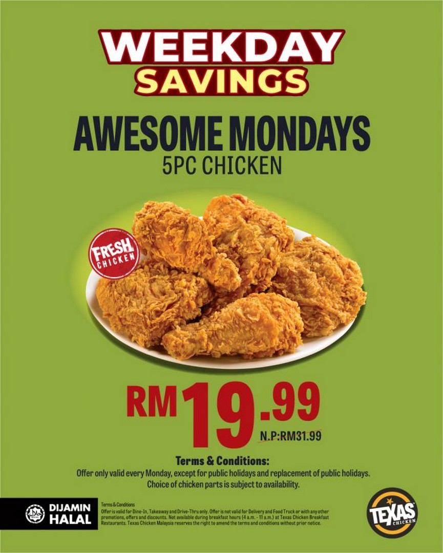 Texas-Chicken-Malaysia-Awesome-Mondays-Promotion 17 August 2026: Texas Chicken Malaysia: Awesome Mondays Promotion – 5 Pieces Fresh Chicken for RM19.99