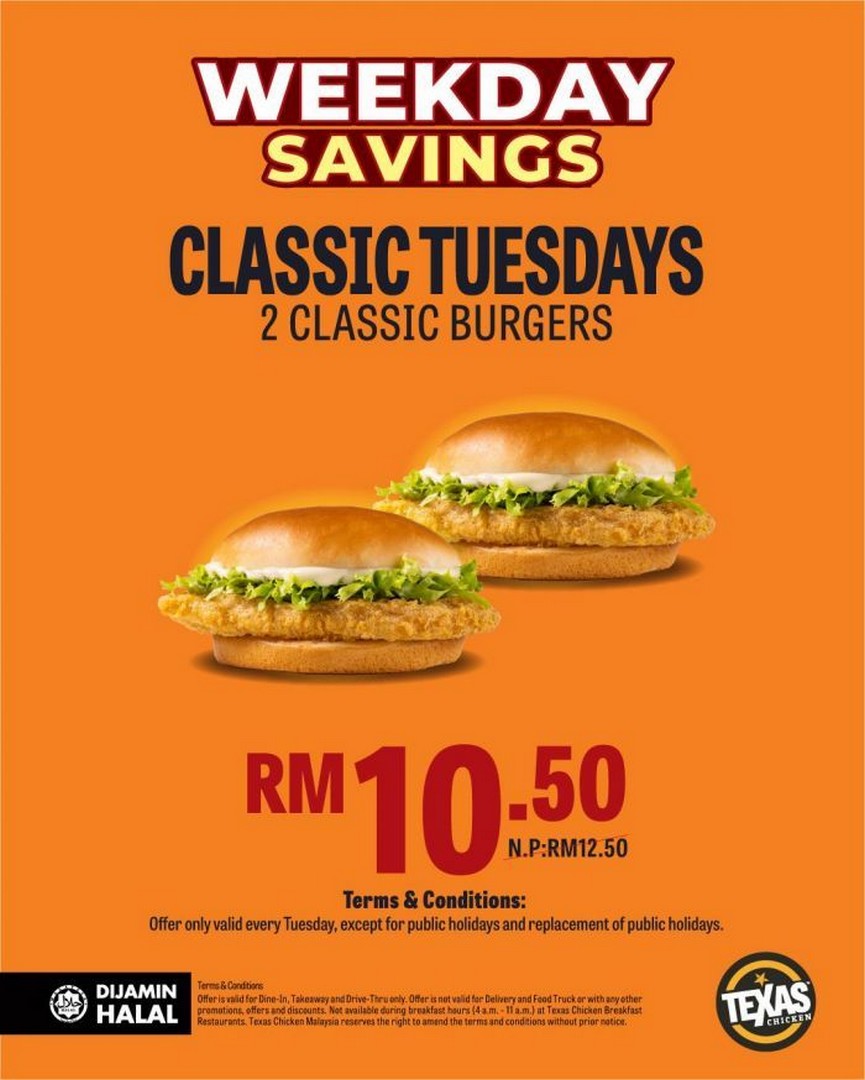 Texas-Chicken-Malaysia-Classic-Tuesdays-Promotion 18 August 2026: Texas Chicken Malaysia: Classic Tuesdays Promotion – 2 Classic Burgers for Only RM10.50, Dine-In, Takeaway & Drive-Thru Deal