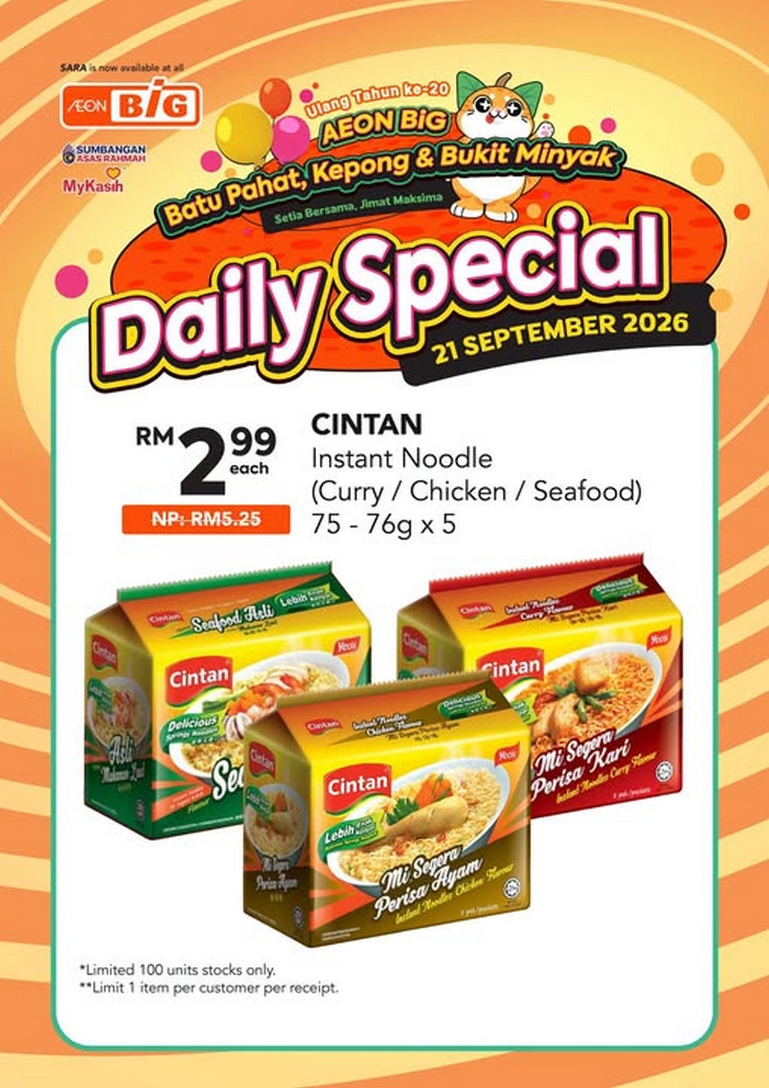 AEON-BiG-20th-Anniversary-Daily-Special-Promotion 21 September 2026: AEON BiG: 20th Anniversary Daily Special Promotion – Cintan Mi Segera at RM2.99, Limited to 100 Units at Selected Stores