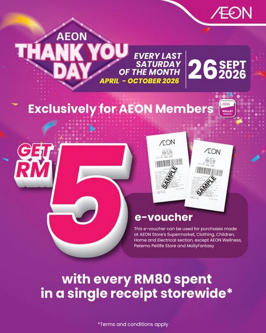 AEON-Malaysia-Thank-You-Day-Promotion 26 September 2026: AEON Malaysia: Thank You Day Promotion – Spend RM80 and Enjoy RM5 E-Voucher, Plus More Member Rewards