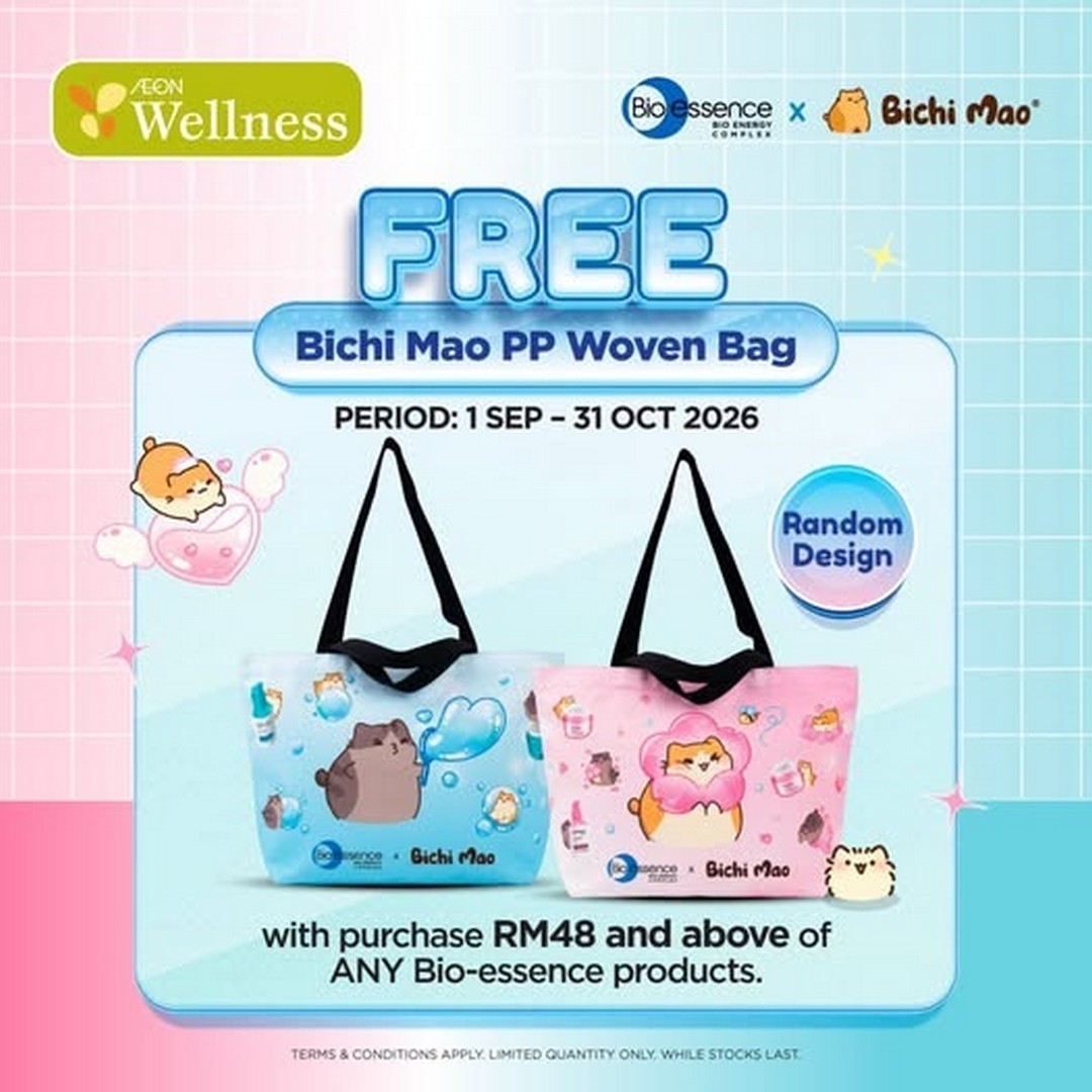 AEON-Wellness-Bio-essence-Promotion-–-Spend-RM48-Get-FREE 1 September-31 October 2026: AEON Wellness: Bio-essence Promotion – Spend RM48 & Get FREE Bio-essence x Bichi Mao PP Woven Bag