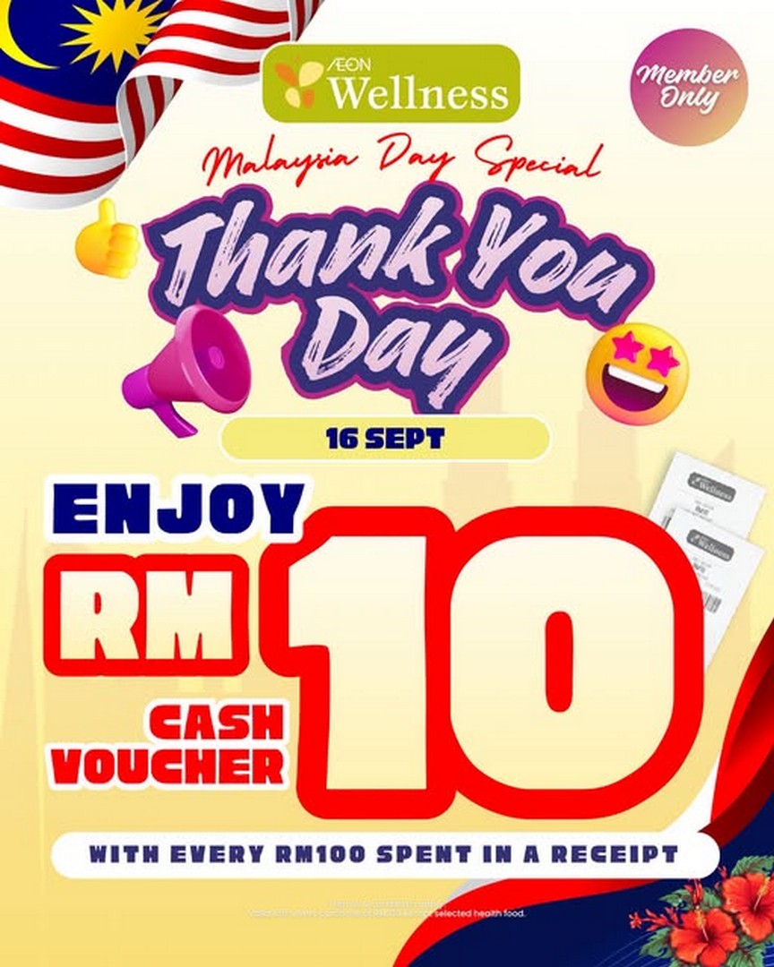 AEON-Wellness-Thank-You-Day-RM10-Cash-Voucher-Promotion 16 September 2026: AEON Wellness: Thank You Day RM10 Cash Voucher Promotion for AEON Members, One-Day Malaysia Day Special