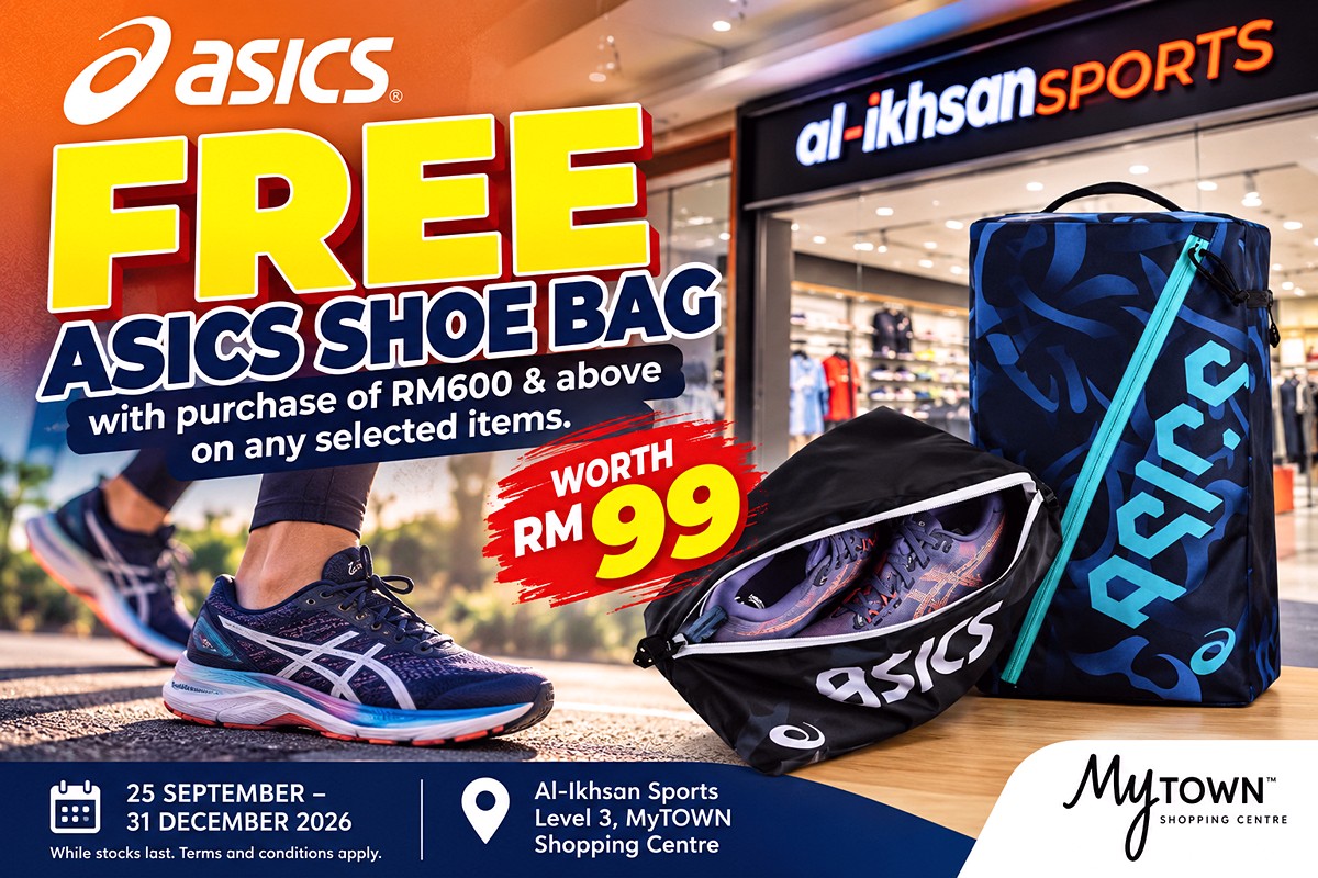 ASICS-Promotion-Malaysia-Free-RM99-Shoe-Bag-with-RM600-Purchase-2026 25 September–31 December 2026: ASICS Promotion at Al-Ikhsan Sports MyTOWN – Free RM99 Shoe Bag with RM600 Selected Purchase