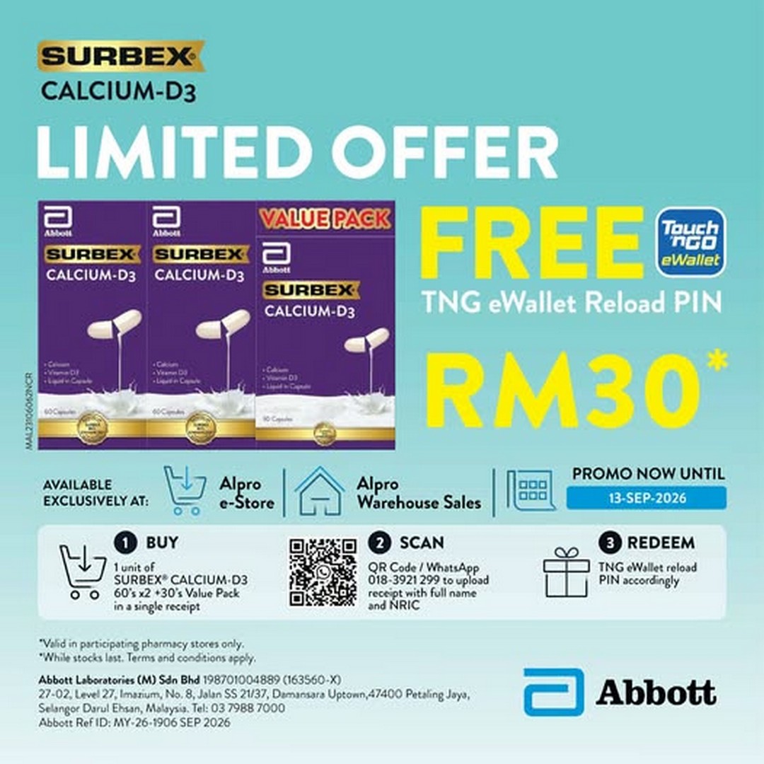 Alpro-Pharmacy-Limited-Time-Promotion 22 September 2026 onwards: Alpro Pharmacy: Limited-Time Promotion – Buy SURBEX Calcium-D3 Value Pack and Get a FREE RM30 TNG eWallet Reload PIN, Participating Stores Nationwide