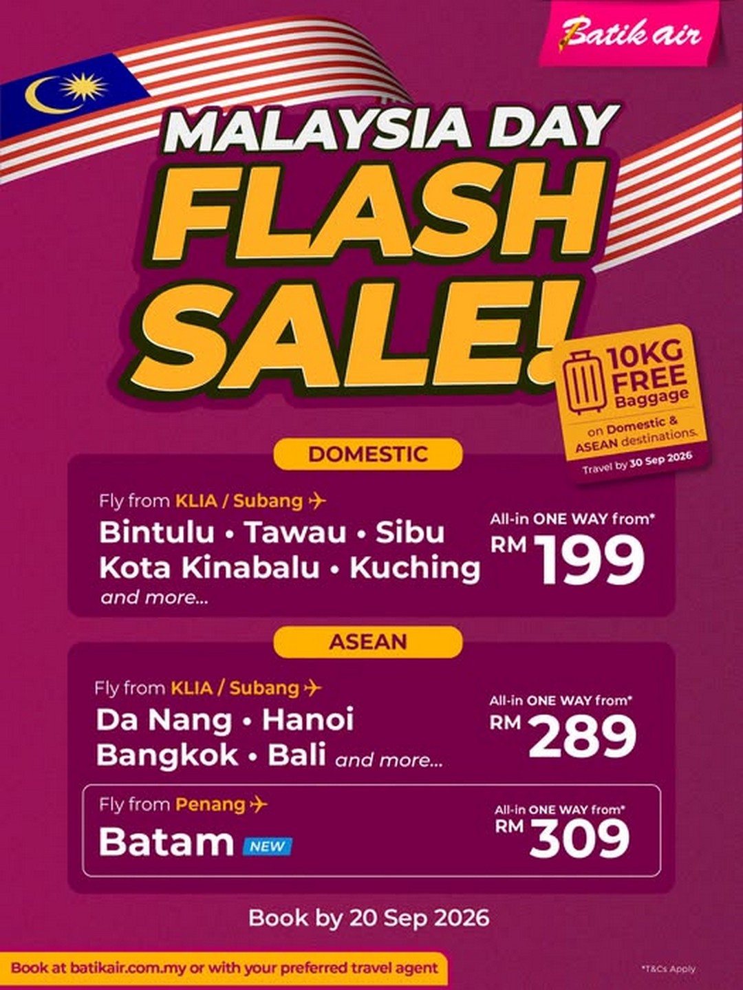 Batik-Air-Malaysia-Malaysia-Day-Flash-Sale Now till 20 September 2026: Batik Air Malaysia: Malaysia Day Flash Sale Promotion from RM199 One-Way with Free 10KG Baggage on Selected Domestic & ASEAN Routes