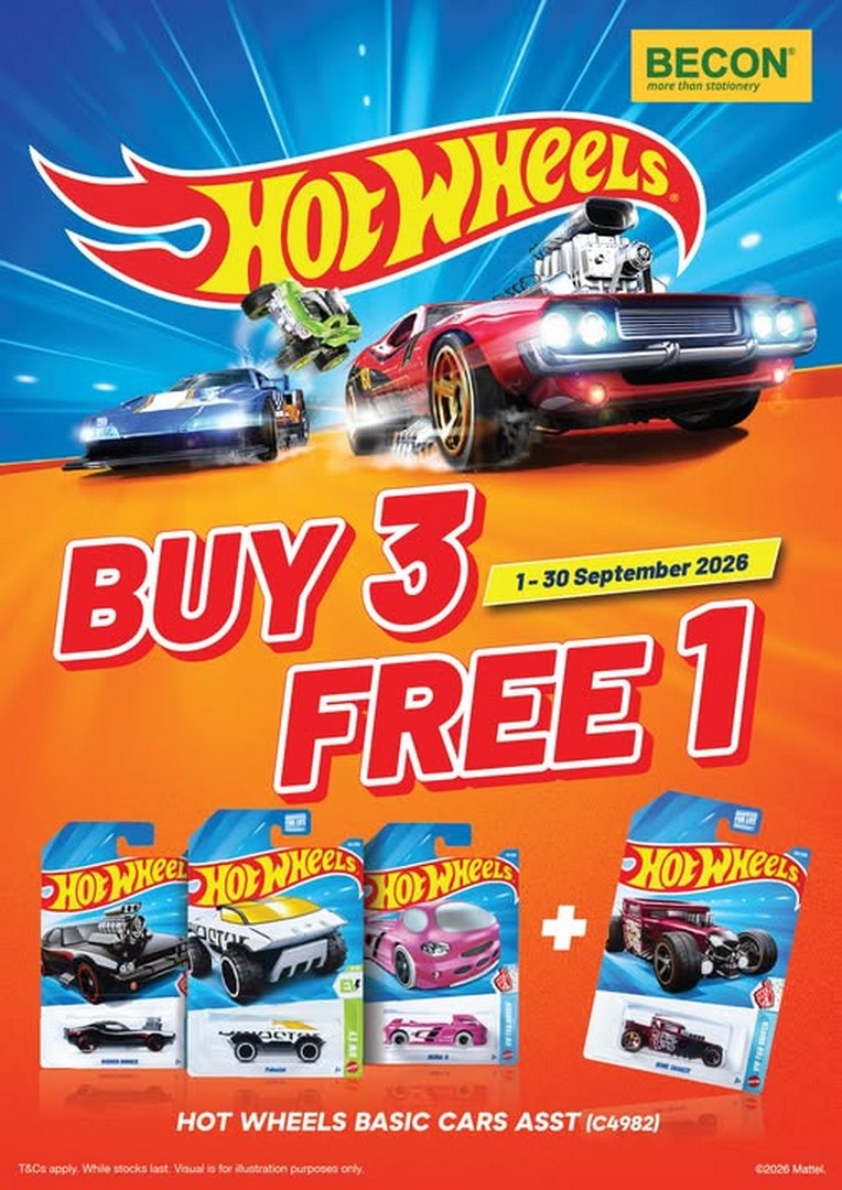 Becon-Stationery-Hot-Wheels-Buy-3-Get-1-Free-Promotion Now till 30 September 2026: Becon Stationery Hot Wheels Buy 3 Get 1 Free Promotion at All Retail Shops