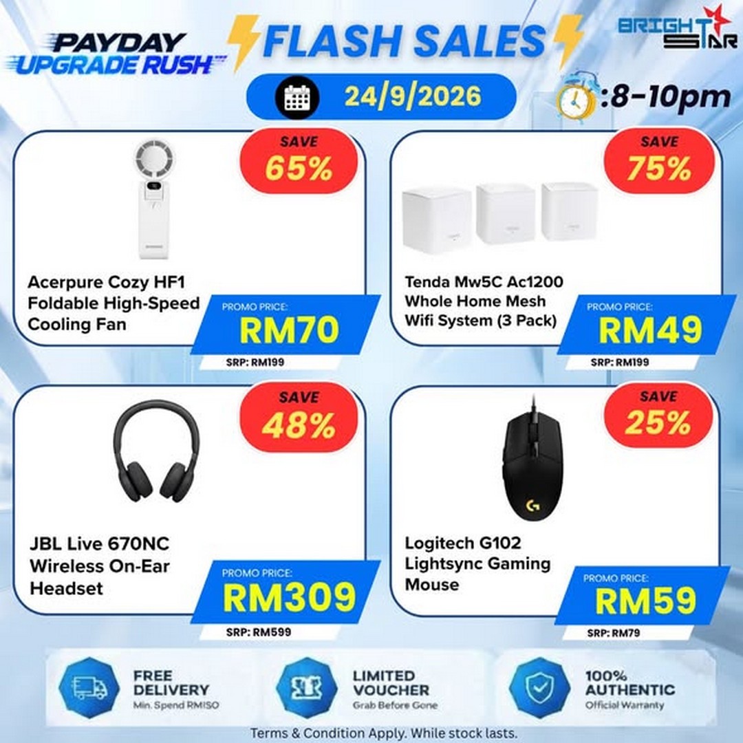 Brightstar-Computer-Payday-Upgrade-Rush-Promotion 24-30 September 2026: Brightstar Computer Payday Upgrade Rush Promotion – Flash Sale Deals from RM9, Up to 82% Off, 8PM-10PM Online
