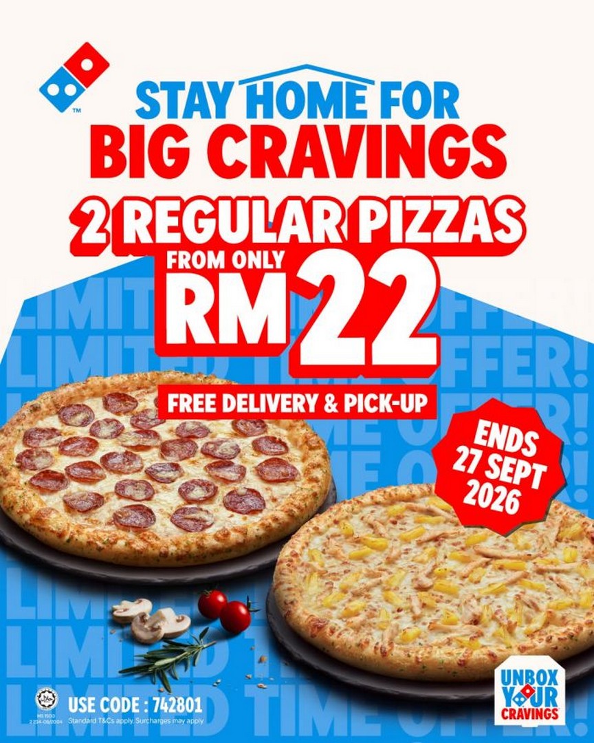 Dominos-Pizza-Promotion-–-2-Regular-Pizzas-from-RM22 Now Till 27 September 2026: Domino's Pizza Promotion – 2 Regular Pizzas from RM22 with Free Delivery & Pick-up