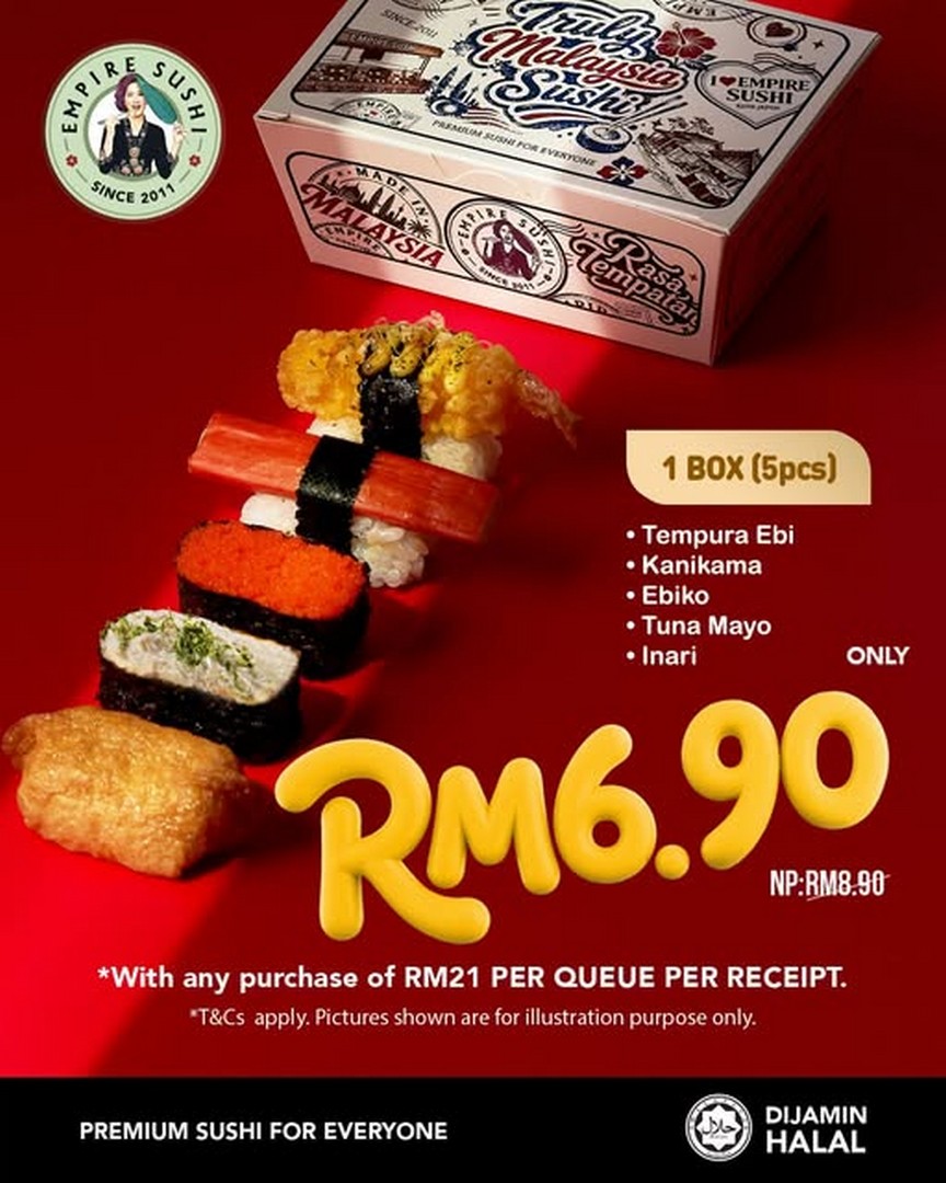 Empire-Sushi-Promotion-–-Get-5-Pieces-of-Sushi-for-Only-RM6.90 9 September 2026 onwards: Empire Sushi: Promotion – Get 5 Pieces of Sushi for Only RM6.90 with RM21 Minimum Spend