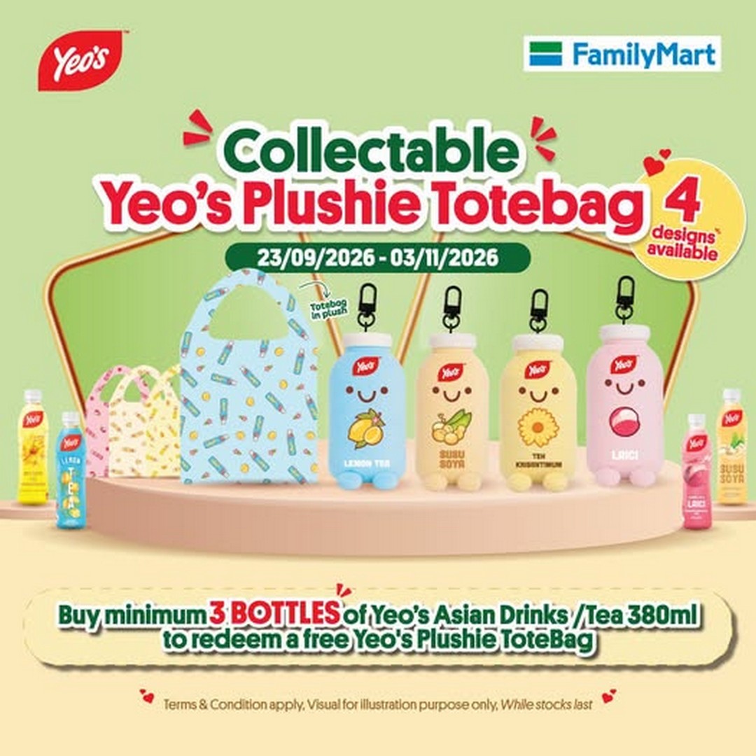 FamilyMart-Malaysia-Yeos-Plushie-Totebag-Promotion 23 September-3 November 2026: FamilyMart Malaysia: Yeo's Plushie Totebag Promotion – Buy 3 Yeo's Drinks and Redeem a Free Collectible Totebag at FamilyMart Outlets Nationwide