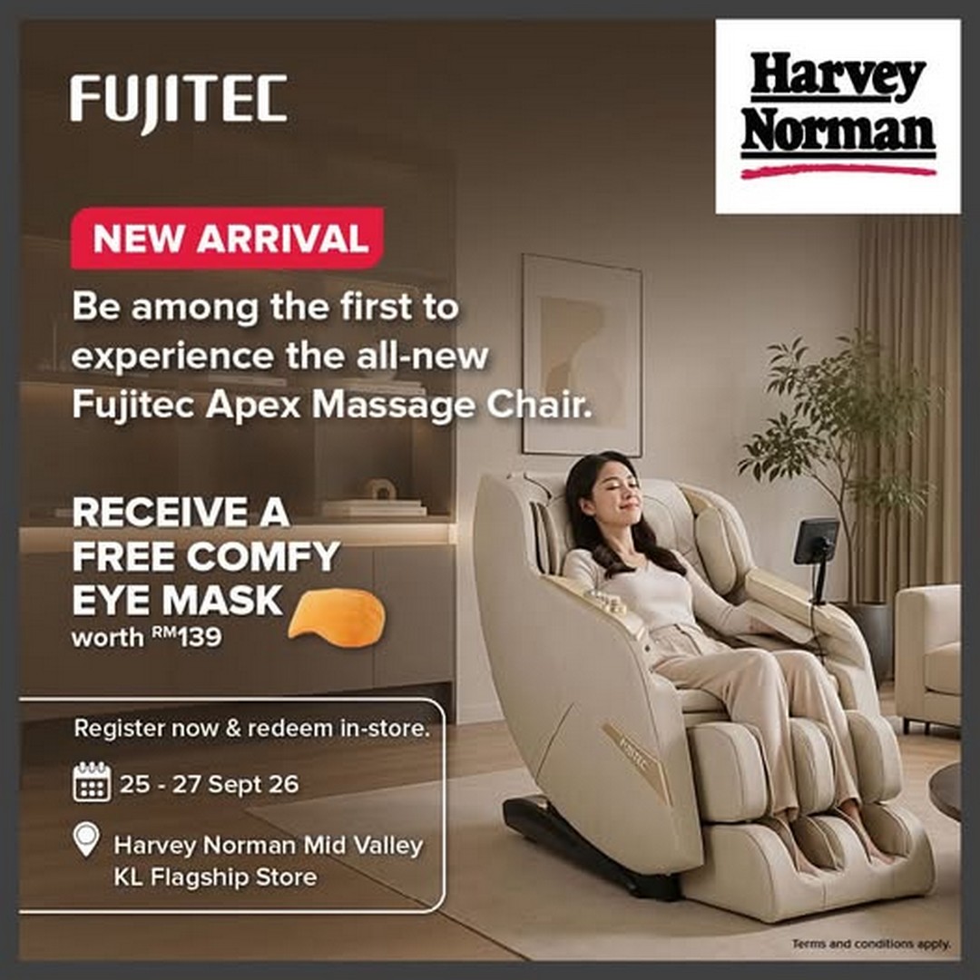 Harvey-Norman-Malaysia-Fujitec-Apex-Massage-Chair 25-27 September 2026: Harvey Norman Malaysia, Fujitec Apex Massage Chair Promotion with Free RM139 Comfy Eye Mask at Mid Valley KL Flagship Store