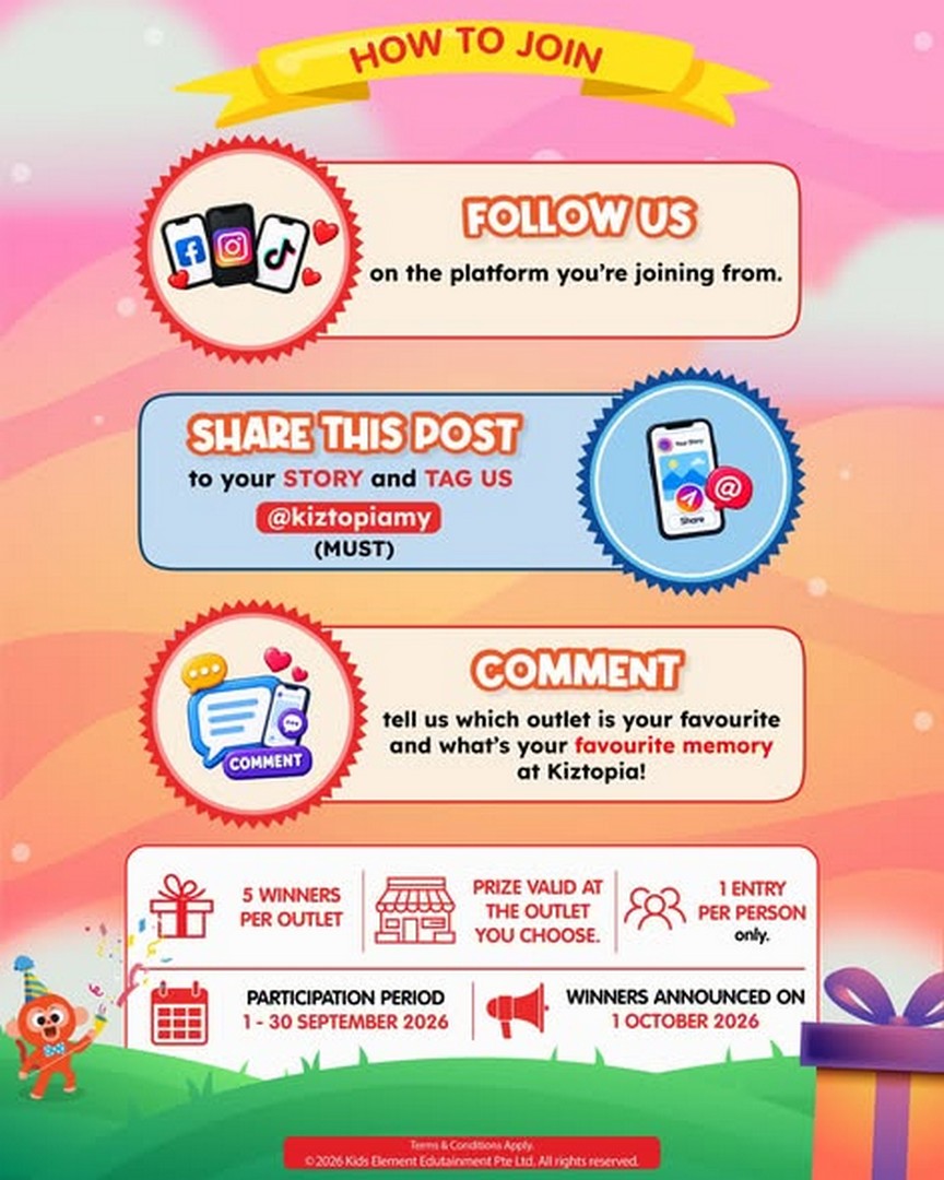Kiztopia-Malaysia-2nd-Anniversary-Giveaway-for-Family-Weekend-1 1-30 September 2026: Kiztopia Malaysia: 2nd Anniversary Giveaway for Family Weekend Fun at Three Outlets