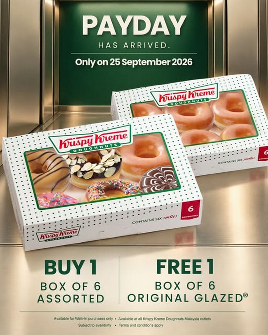 Krispy-Kreme-Malaysia-Payday-Promotion-–-Buy-1-Box-of-6-Assorted 25 September 2026: Krispy Kreme Malaysia: Payday Promotion – Buy 1 Box of 6 Assorted Doughnuts and Get 1 Box of 6 Original Glazed Free, All Outlets