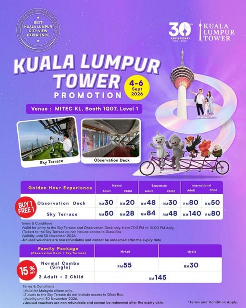 Kuala-Lumpur-Tower-Malaysia-Buy-1-Free-1-Family-Package-Promotion 4-6 September 2026: Kuala Lumpur Tower Malaysia: Buy 1 Free 1 & Family Package Promotion at MITEC KL
