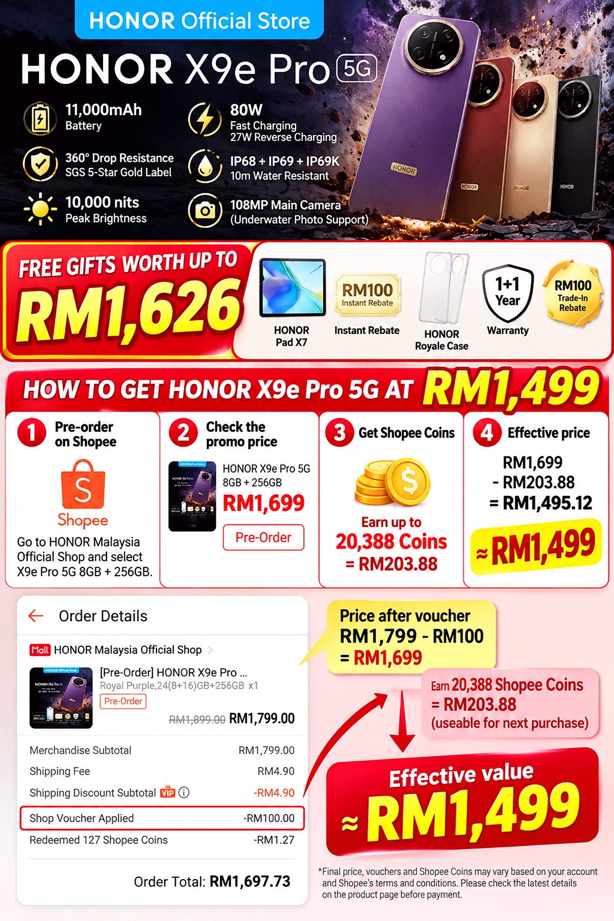 M1499 24 Sept–8 Oct 2026: HONOR X9e Pro 5G Malaysia Pre-Order RM1,699 With Free HONOR Pad X7, Worth Up to RM1,626