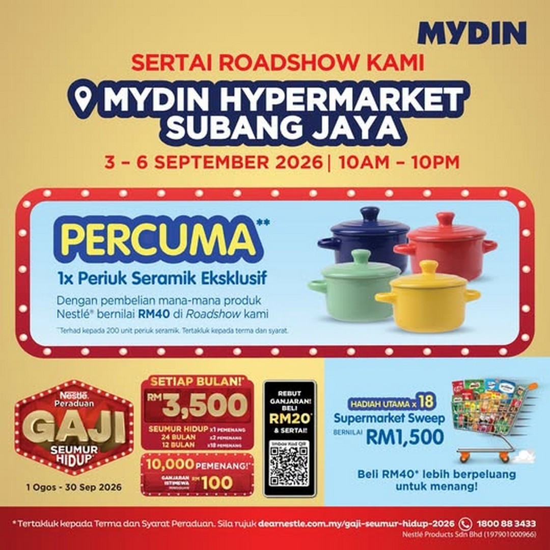 MYDIN-Malaysia-Nestle-Nestle-Lifetime-Salary-Roadshow-Promotion 3-6 September 2026: MYDIN Malaysia & Nestlé: Nestlé Lifetime Salary Roadshow Promotion at MYDIN Subang Jaya with RM3,500 Lifetime Salary, RM100 Rewards, Supermarket Sweep & Free Ceramic Pot