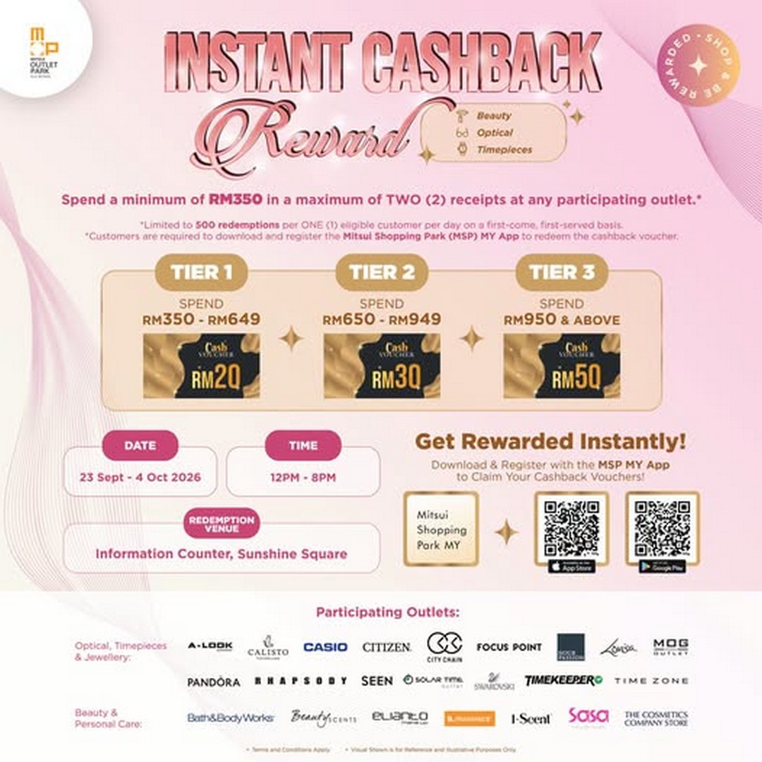 Mitsui-Outlet-Park-KLIA-Instant-Cashback-Promotion-on-Beauty 23 September-4 October 2026: Mitsui Outlet Park KLIA: Instant Cashback Promotion on Beauty, Optical & Timepiece Shopping, Limited to 500 Redemptions