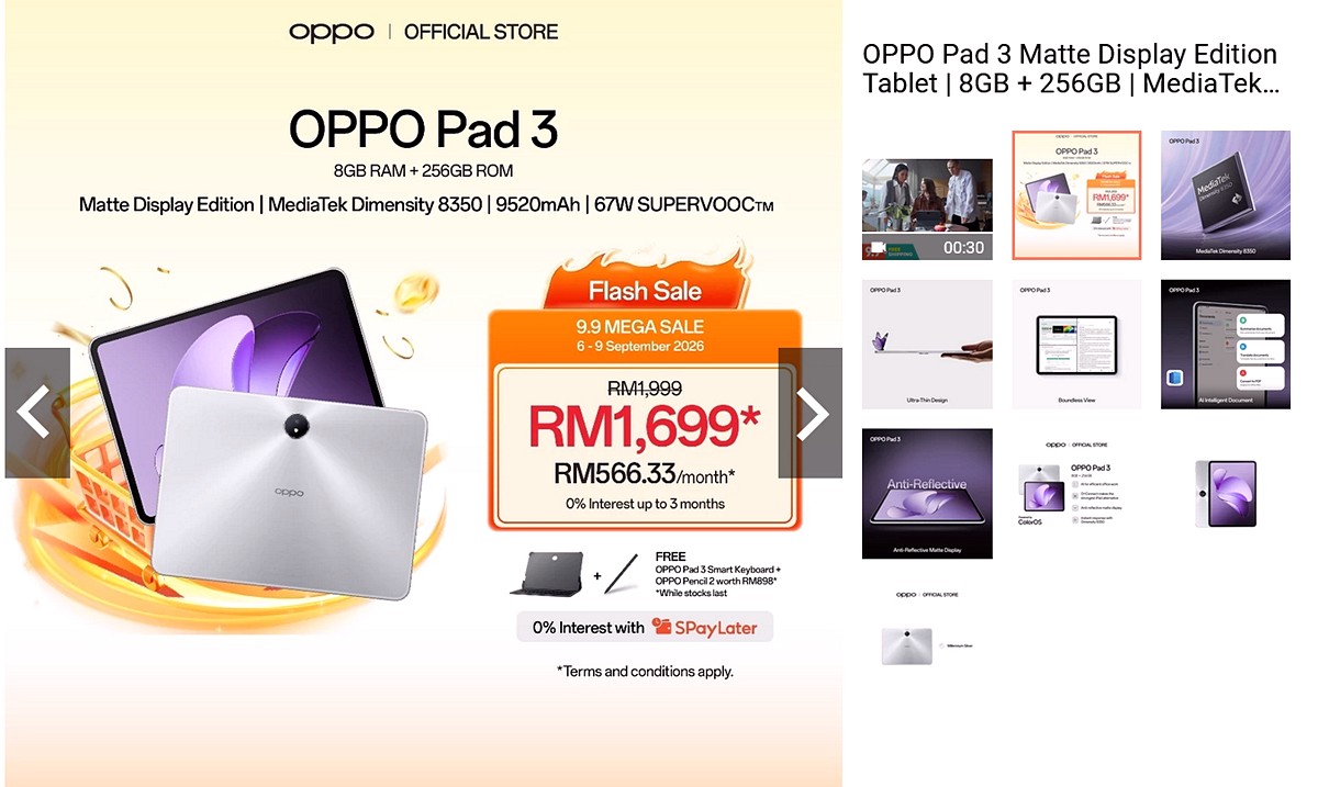 OPPO-Pad-3-Matte-Display-Edition-Tablet-8GB-256GB-MediaTek-Dimensity-8350-9520mAh-67W-SUPERVOOC-Shopee-Malaysia 6-9 September 2026: OPPO: 9.9 Flash Sale Promotion, OPPO Pad 3 Matte Display Edition RM1,699 with Free Smart Keyboard and Pencil 2