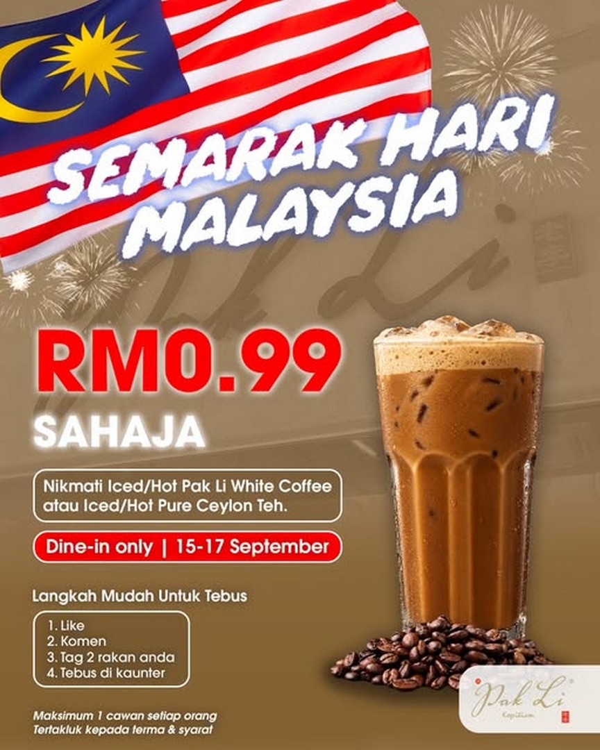 Pak-Li-Kopitiam-Malaysia-Day-RM0.99-White-Coffee-or-Pure 15–17 September 2026: Pak Li Kopitiam: Malaysia Day RM0.99 White Coffee or Pure Ceylon Tea Promotion, Dine-In Offer and Redemption Details