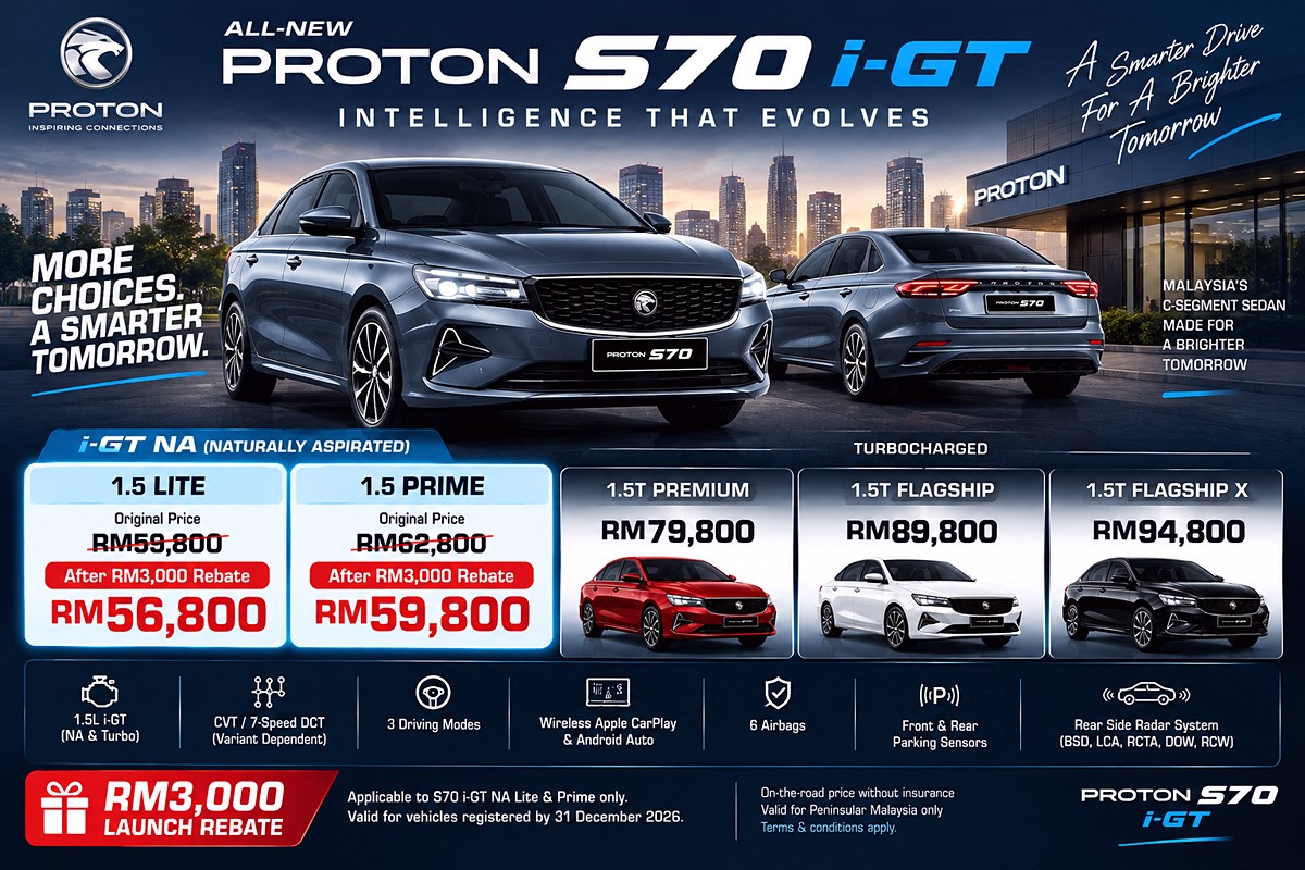 Proton-S70-2026-price-list 22 Sept 2026–31 Dec 2026: Proton S70 i-GT NA Promotion, From RM56,800 With RM3,000 Launch Rebate