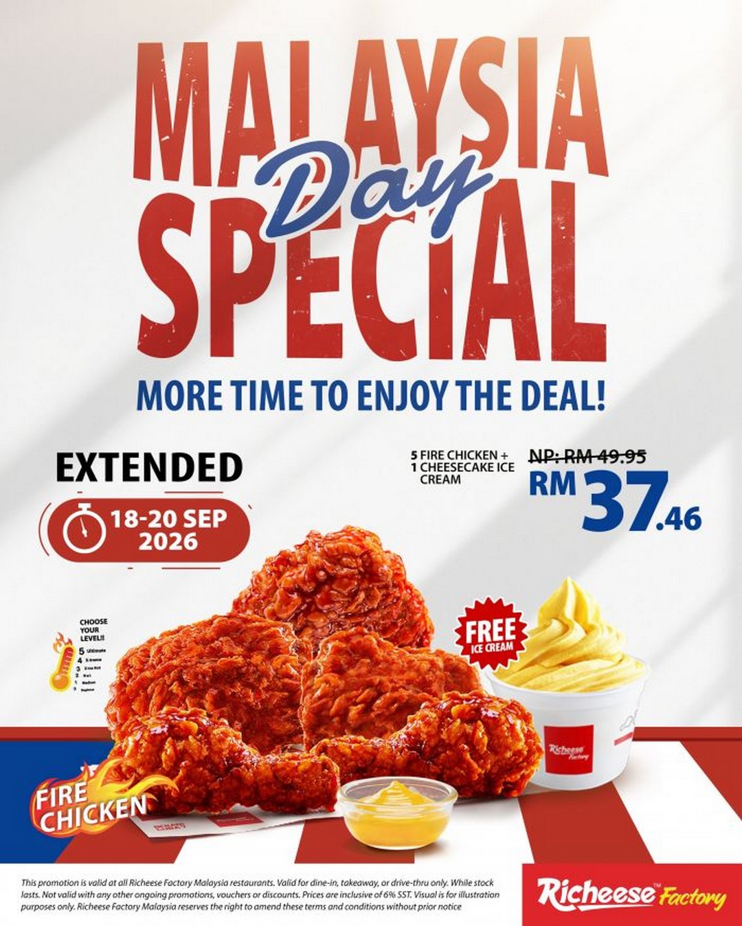 Richeese-Factory-Malaysia-Day-Promotion-–-5-Fire-Chicken 18-20 September 2026: Richeese Factory Malaysia Day Promotion – 5 Fire Chicken + Cheesecake Ice Cream for RM37.46 at All Richeese Factory Malaysia Restaurants