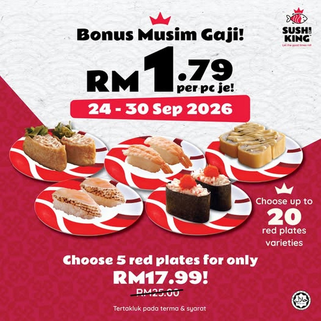 Sushi-King-Bonus-Musim-Gaji-Promotion-–-5-Red-Plates-for-RM17.99 24-30 September 2026: Sushi King: Bonus Musim Gaji Promotion – 5 Red Plates for RM17.99 at Sushi King WM Outlets