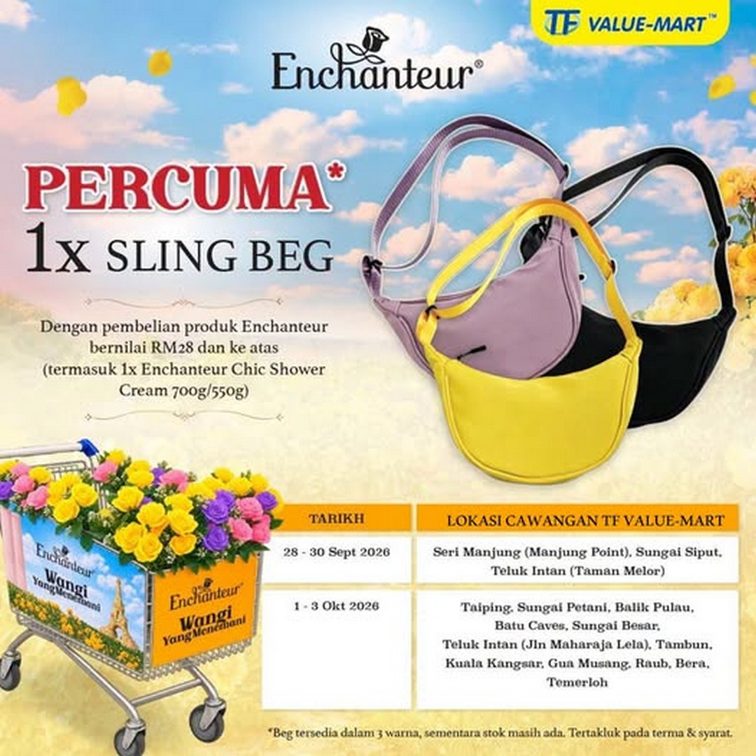 TF-Value-Mart-Malaysia-Enchanteur-Free-Sling-Bag-Promotion 28 September-3 October 2026: TF Value-Mart Malaysia: Enchanteur Free Sling Bag Promotion with RM28 Purchase at Selected Stores