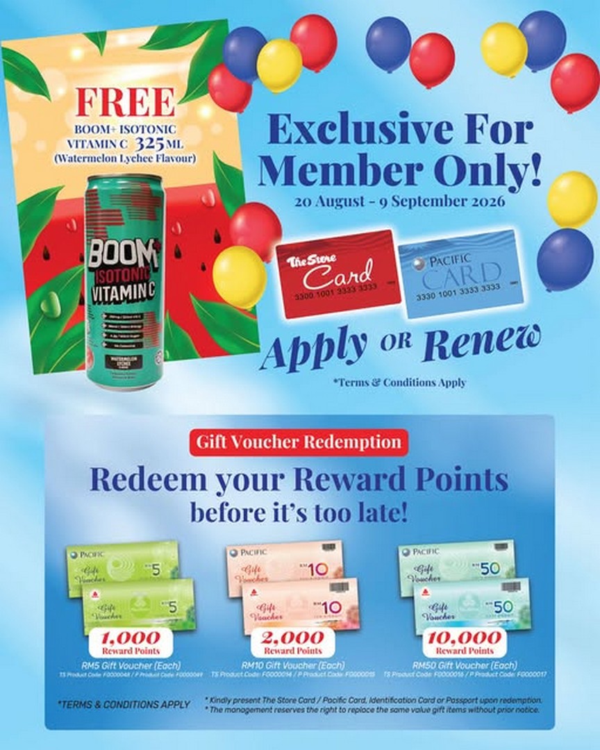 The-Store-Malaysia-Members-Only-Merdeka-Promotion 20 August-9 September 2026: The Store Malaysia: Members-Only Merdeka Promotion with Free BOOM+ Isotonic Vitamin C Drink and Reward Points Gift Vouchers