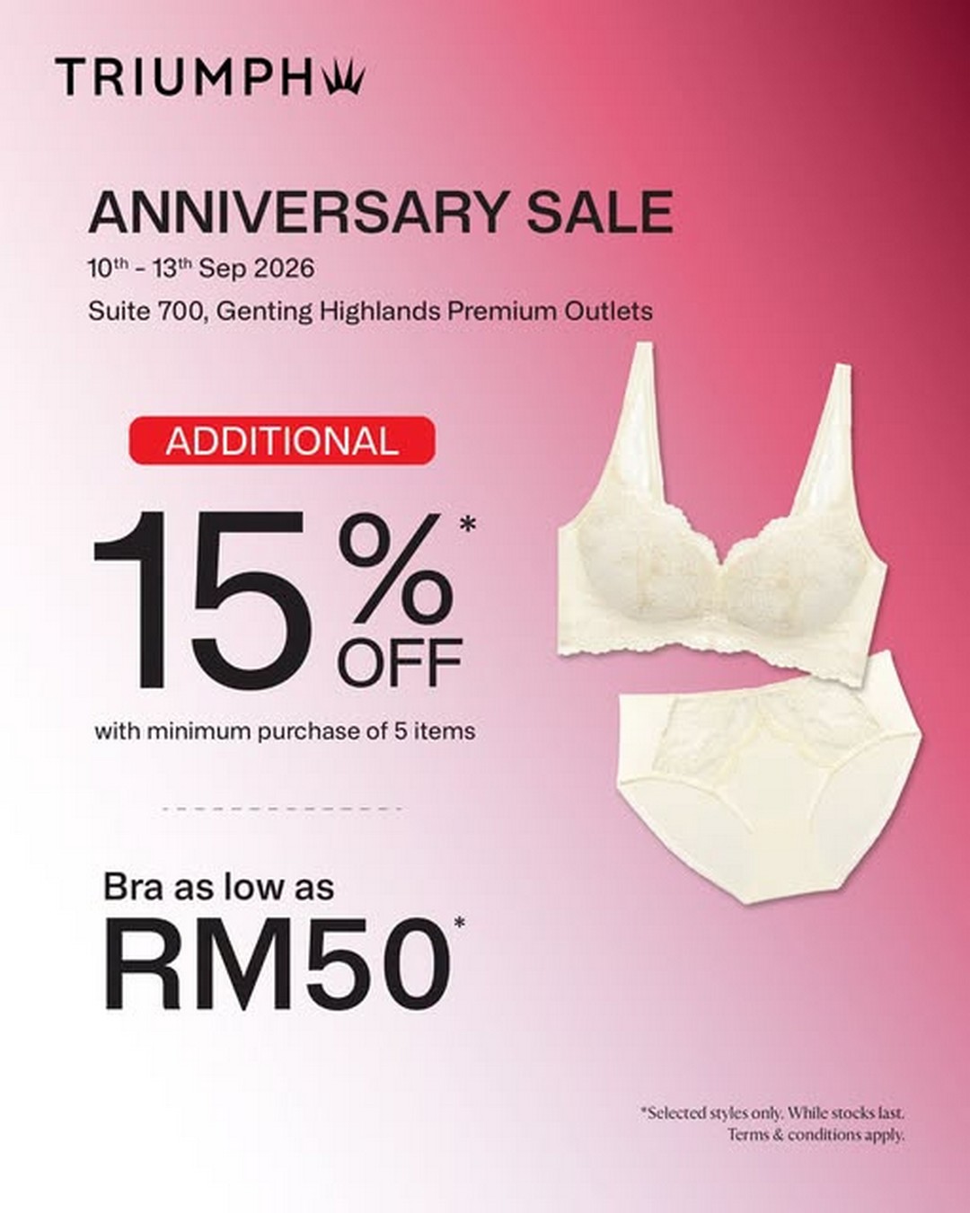 Triumph-Special-Sale-with-Additional-15-Savings-When-You-Buy 10-13 September 2026: Triumph: Special Sale with Additional 15% Savings When You Buy 5 Selected Items at Genting Highlands Premium Outlets