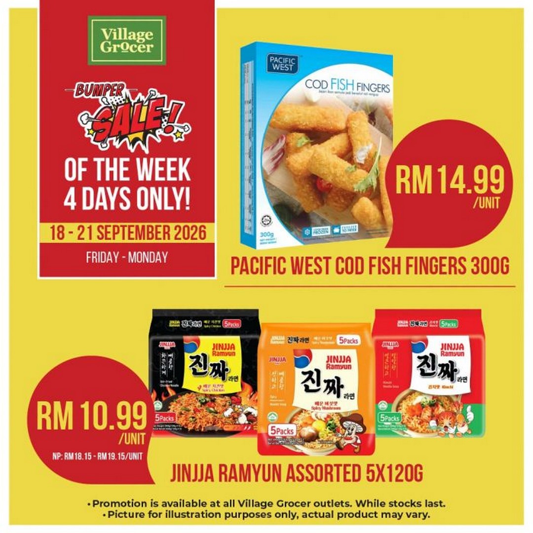 Village-Grocer-Bumper-Sale-Promotion-–-Jinjja-Ramyun-RM10.99 18–21 September 2026: Village Grocer Bumper Sale Promotion – Jinjja Ramyun RM10.99 & Pacific West Cod Fish Fingers RM14.99