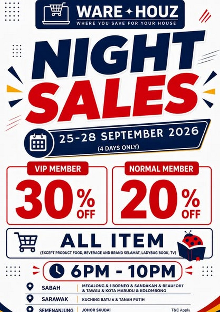 Warehouz-Night-Sales-Promotion-with-Up-to-30-Off 25-28 September 2026: Warehouz: Night Sales Promotion with Up to 30% Off at Selected Warehouz Outlets, 6PM-10PM